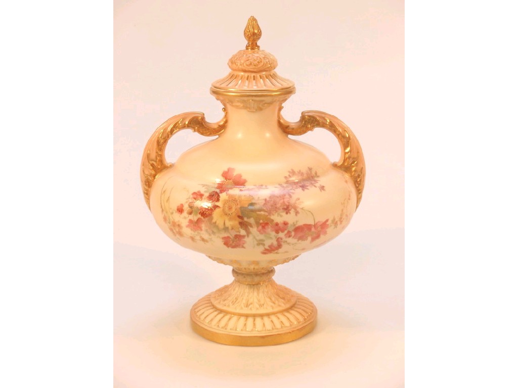 Appraisal: A Royal Worcester two-handled pedestal vase and cover painted with