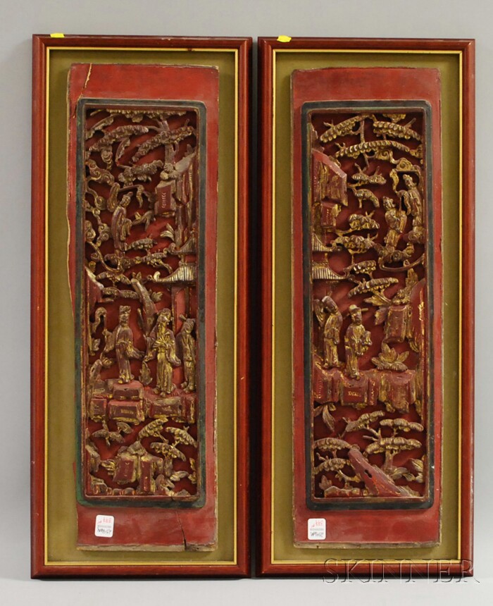 Appraisal: Pair of Framed Chinese Giltwood and Painted Carved Wood Panels