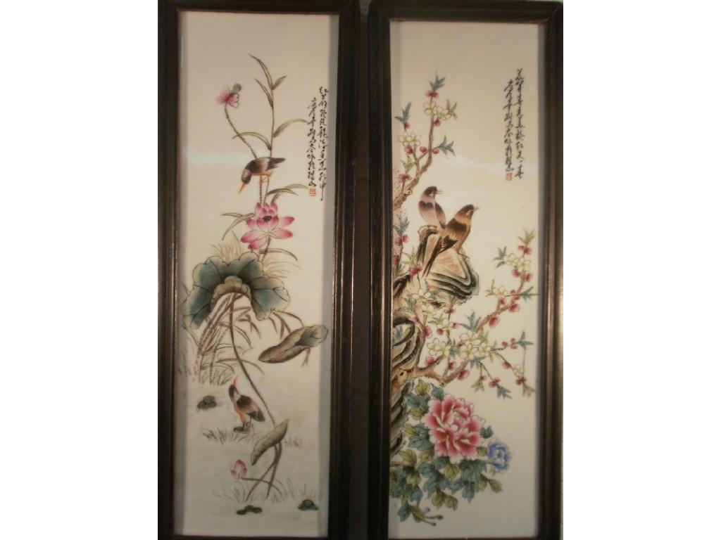 Appraisal: Eight Chinese wooden floral porcelain panels decorated with over glaze