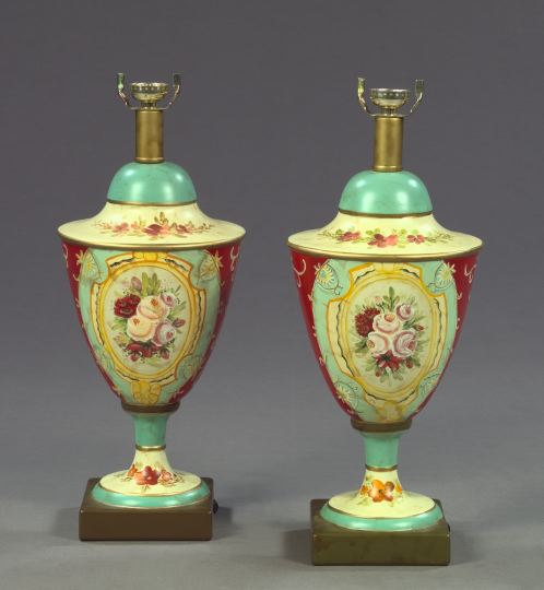 Appraisal: Pair of French Elaborately Polychromed Vasiform Tole Table Lamps in