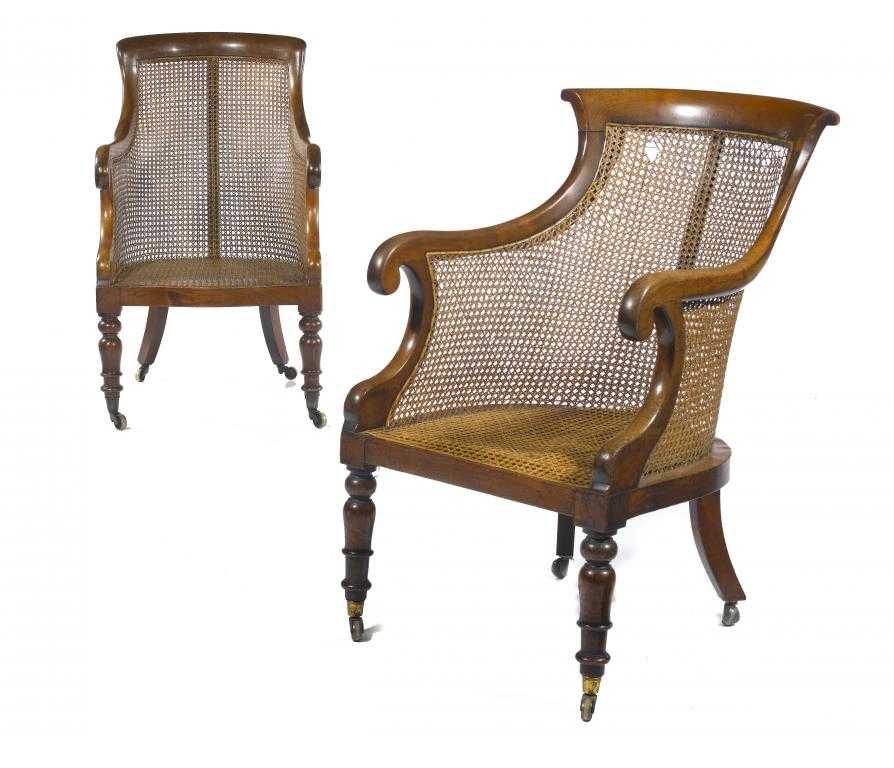 Appraisal: TWO EARLY VICTORIAN MAHOGANY AND CANED BERGERES one with slightly