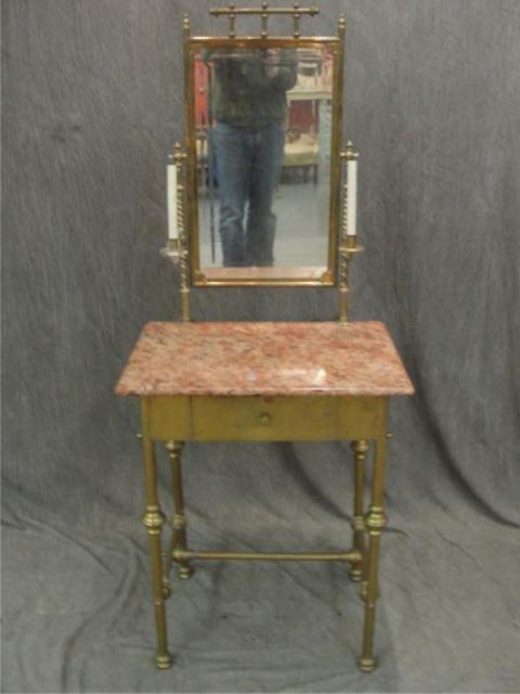 Appraisal: Victorian Brass Marbletop Vanity With sconces and drawer From a