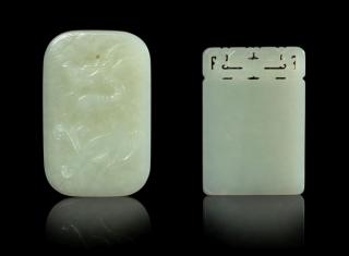 Appraisal: Two Carved Celadon Jade Rectangular Plaques Two Carved Celadon Jade