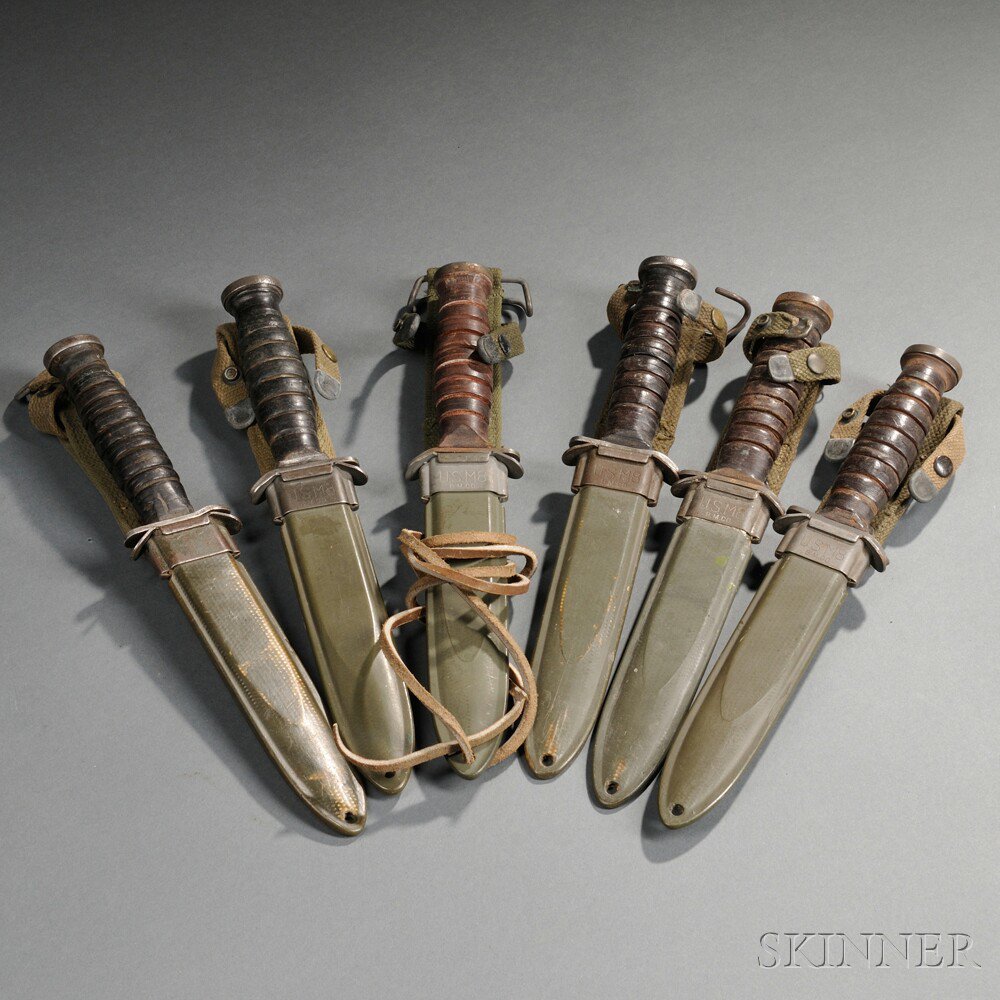 Appraisal: Six M Fighting Knives c - steel blades and leather