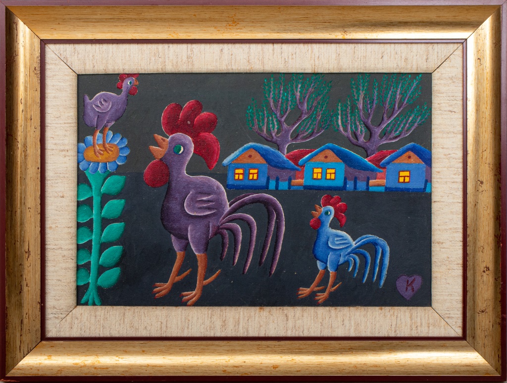 Appraisal: JAN KNJAZOVIC NAIVE ART OF THREE ROOSTERS OIL Jan Knjazovic