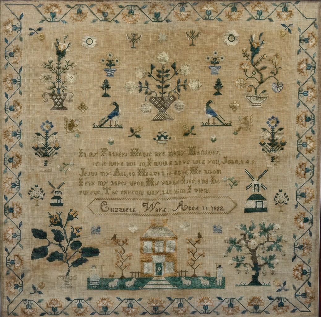 Appraisal: Elizabeth Ward Aged needlework sampler with floral border surrounding a