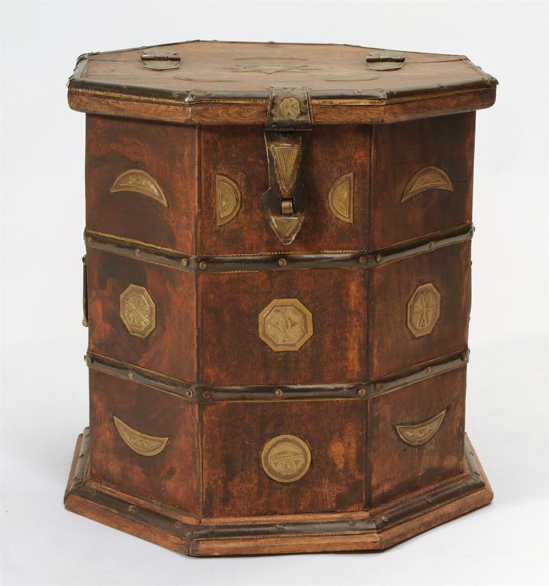 Appraisal: North African Brass-Mounted Wood Octagonal Storage Box With hinged lid