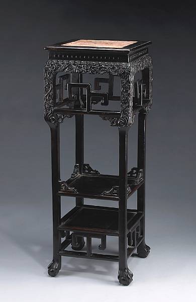 Appraisal: A tall hongmu tiered display table with marble-inlaid top Late