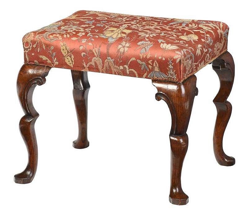 Appraisal: Queen Anne Style Upholstered Foot Stool British th century elm