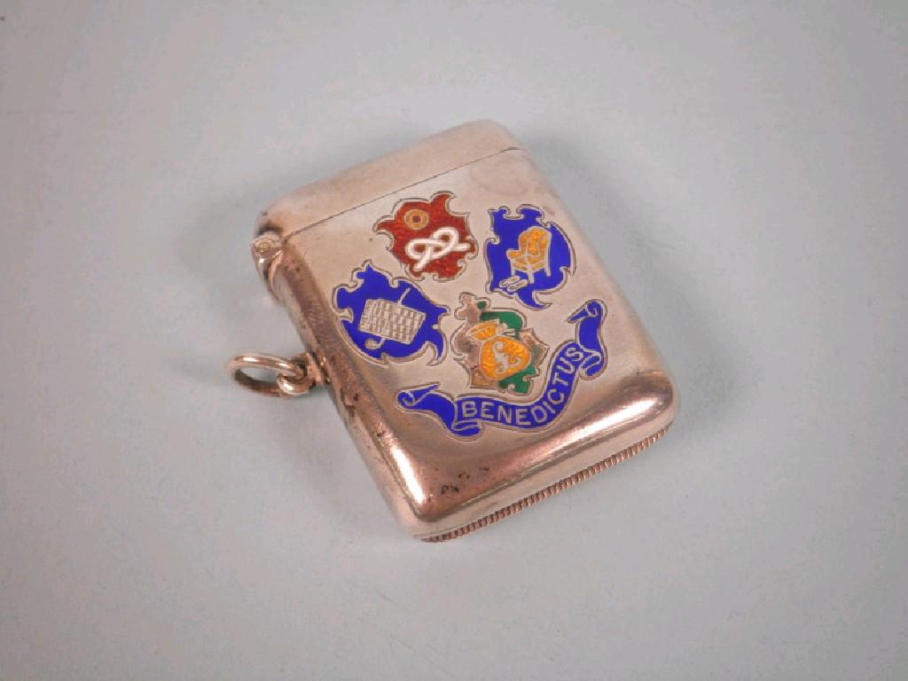 Appraisal: A silver vesta case and cover the front enamelled with