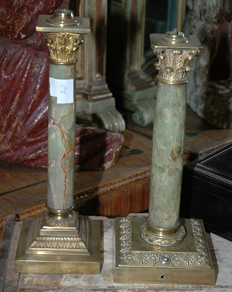 Appraisal: TWO FRENCH BRASS AND ALABASTER LAMP BASES Each of Corinthian