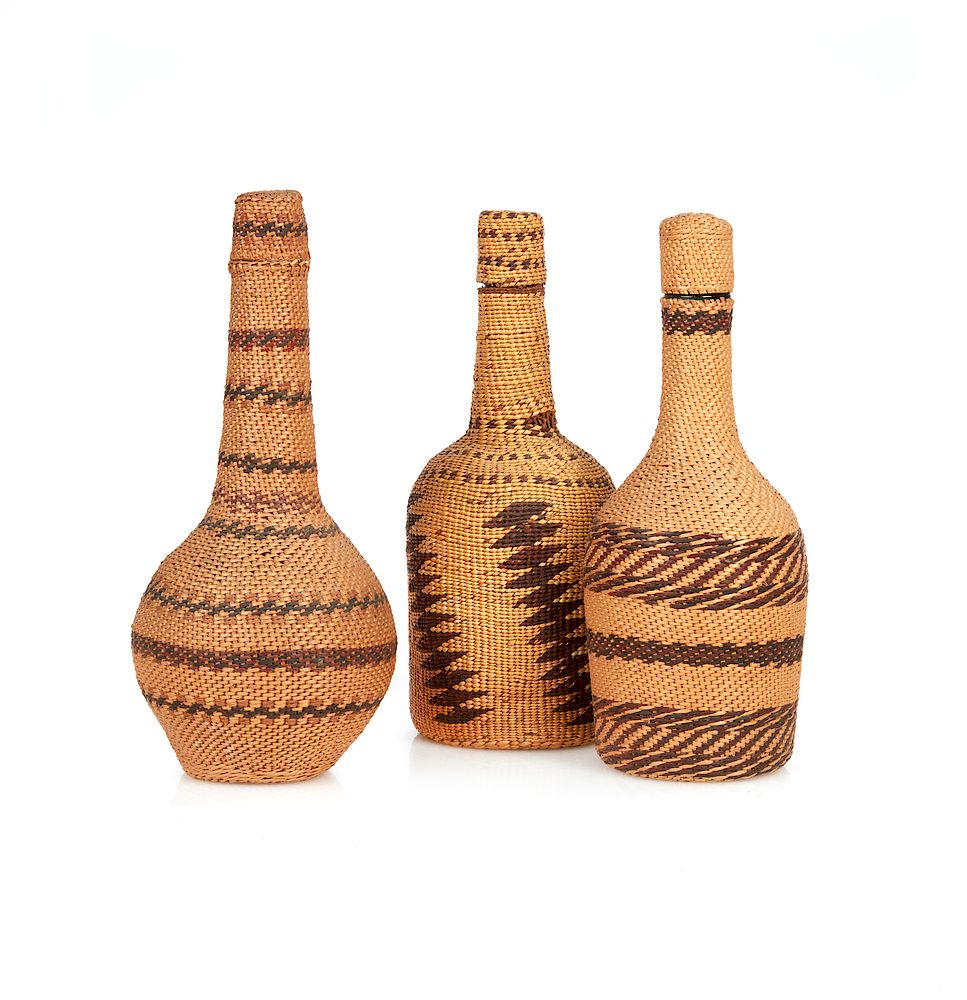 Appraisal: Three Paiute Bottles Three assorted Paiute woven bottles and lids