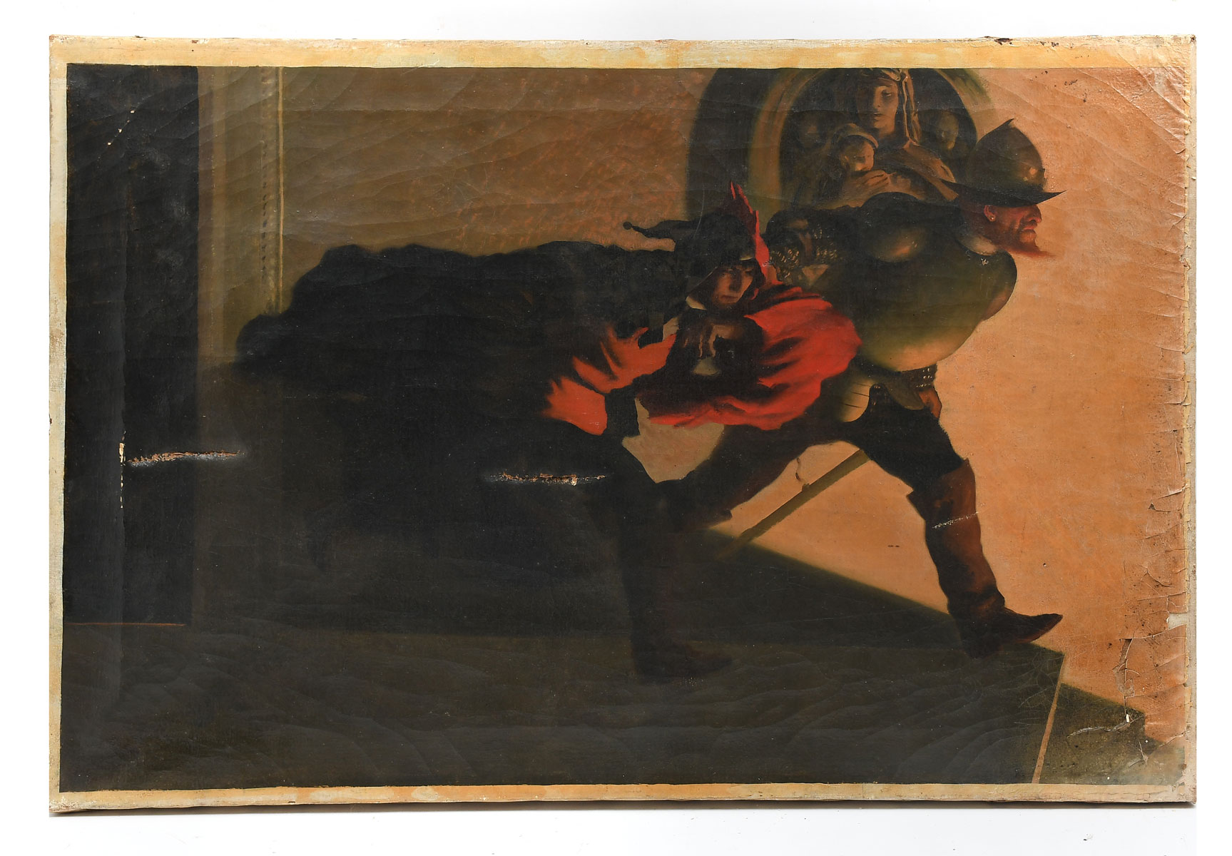 Appraisal: EXCEPTIONAL ILLUSTRATION PAINTING WITH JESTER AND KNIGHT REYNARD Possibly Grant