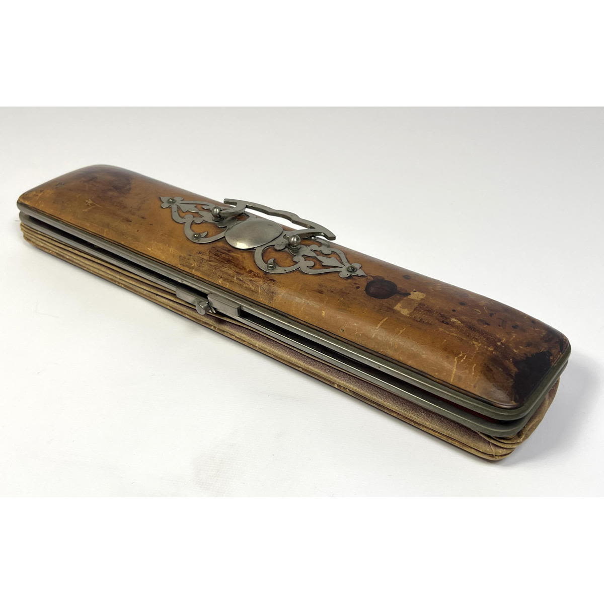 Appraisal: Leather and metal Glove box with glove stretcher Accordion frame