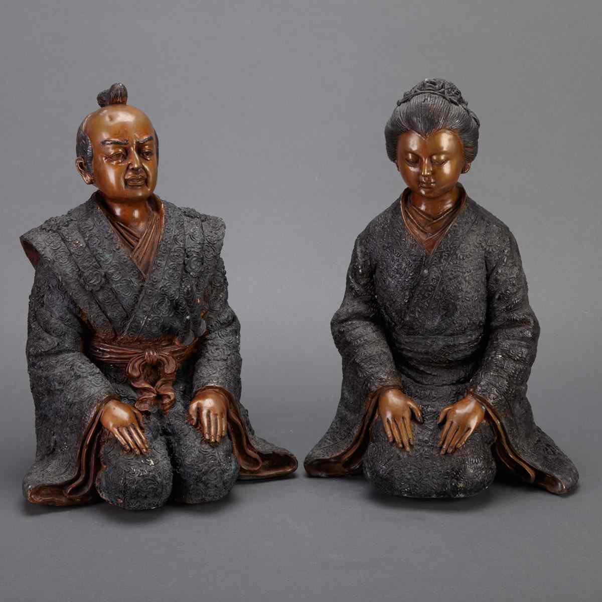 Appraisal: Pair of Japanese Bronze Figures of Kneeling Husband and Wife