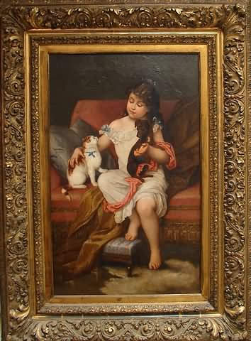 Appraisal: Portrait of girl with cat and dog oil on canvas