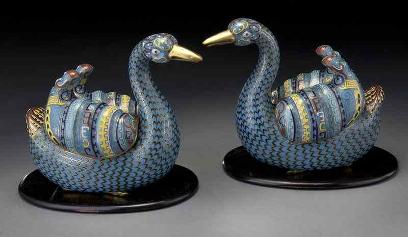 Appraisal: Pr Chinese cloisonne duck shaped censerson oval wood bases ''H