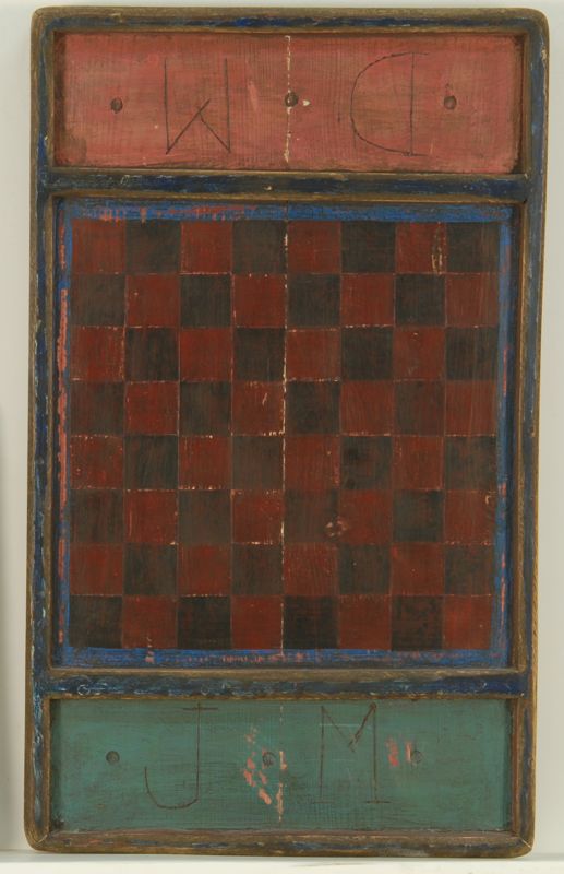 Appraisal: PAINTED WOODEN CHECKERBOARD th CenturyWith red and black squares and