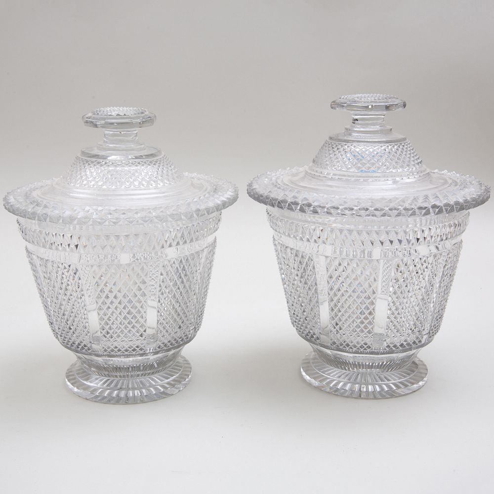 Appraisal: Near Pair of Irish Cut Glass Covered Urns The larger