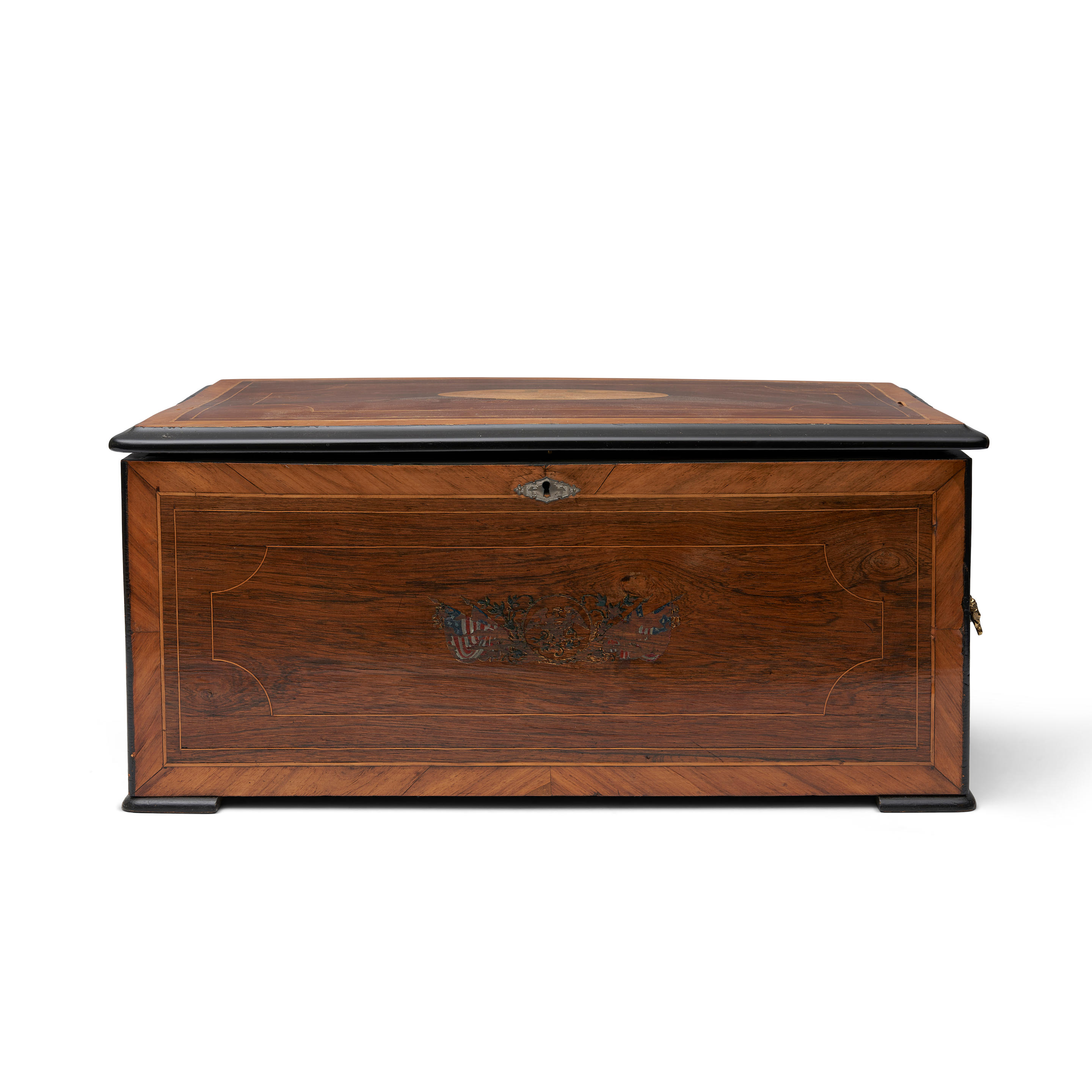 Appraisal: VICTORIAN FRENCH MAHOGANY-VENEER MUSIC BOX the inlaid case with American-themed