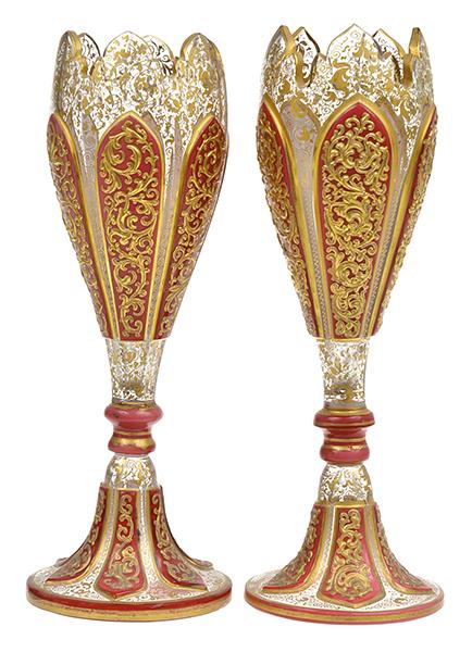 Appraisal: A PAIR OF BOHEMIAN RED ENAMELLED AND GILT FILIGREE SPILL