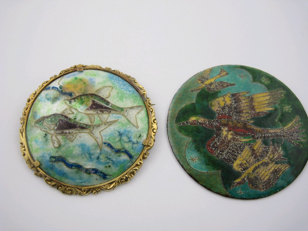 Appraisal: An Enamel Brooch having circular plaque depicting two fish in