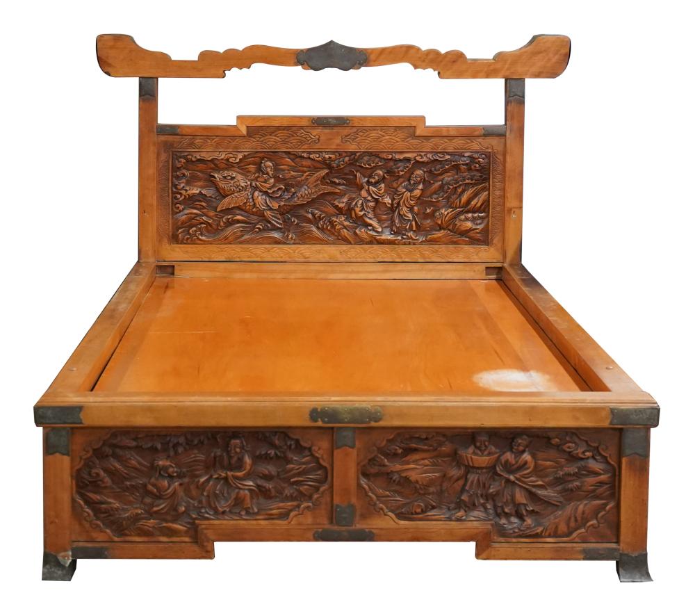 Appraisal: CHINESE-STYLE CARVED WOOD BEDROOM SET th century unsigned comprising a