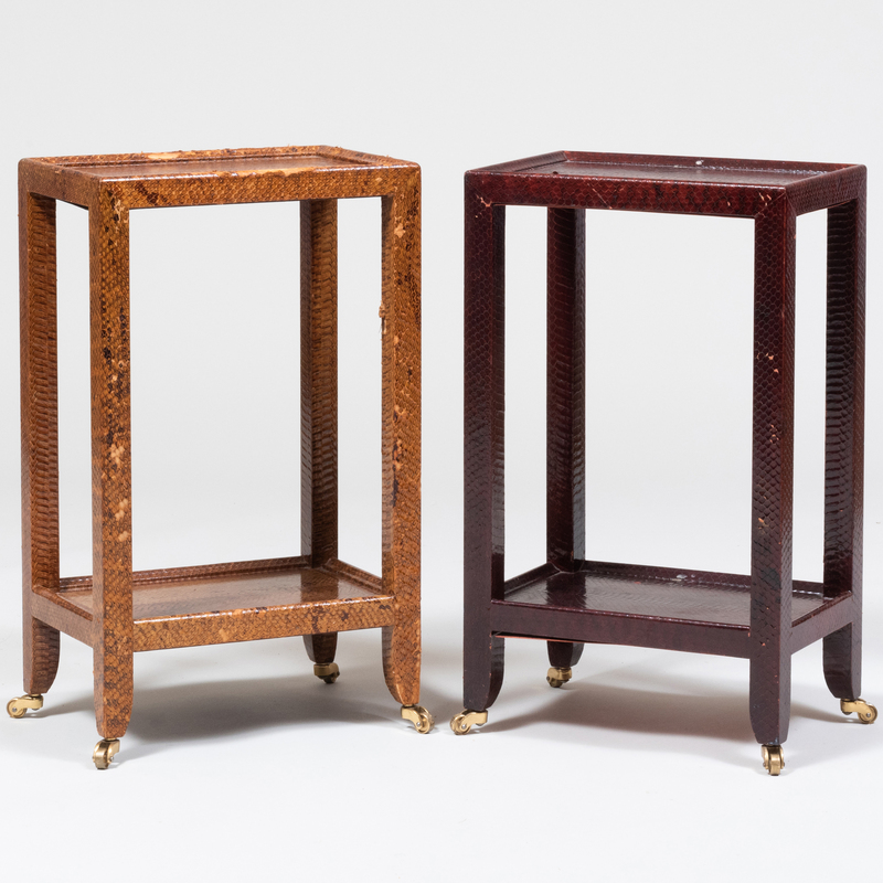 Appraisal: Two Karl Springer Snakeskin Covered Two-Tiered Telephone Tables On brass