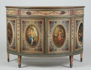 Appraisal: HAND PAINTED DEMI-LUNE SIDE CABINET th Century With a long