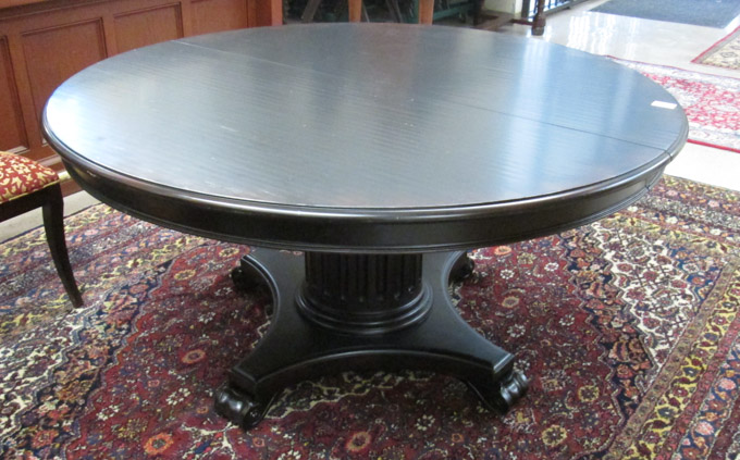 Appraisal: ROUND PEDESTAL DINING TABLE WITH LEAF Windchester model by Ethan