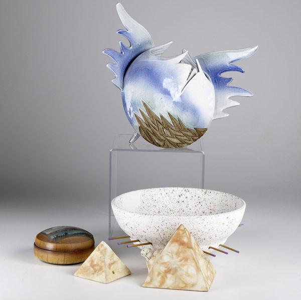 Appraisal: STUDIO CERAMICS Five pieces include Sam Rosby sculptural bowl with