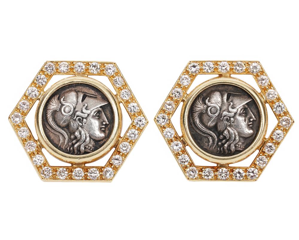 Appraisal: PR SILVER COIN K YG DIAMOND CLIP EARRINGSPair of contemporary