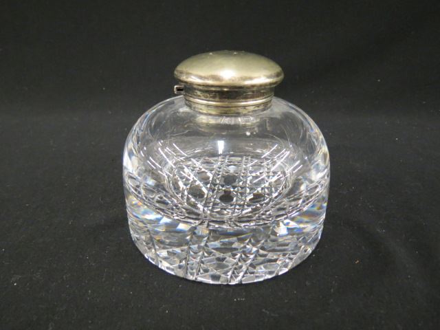 Appraisal: Cut Glass Inkwell cane design bottom silverplate cover diameter