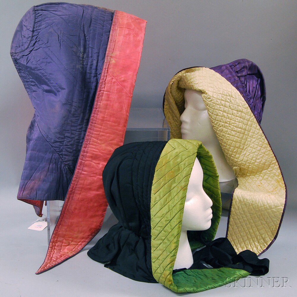 Appraisal: Three Quilted Silk Hoods America s- s a lavender quilted