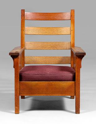 Appraisal: Gustav Stickley armchair oak throughout back rail with red decal