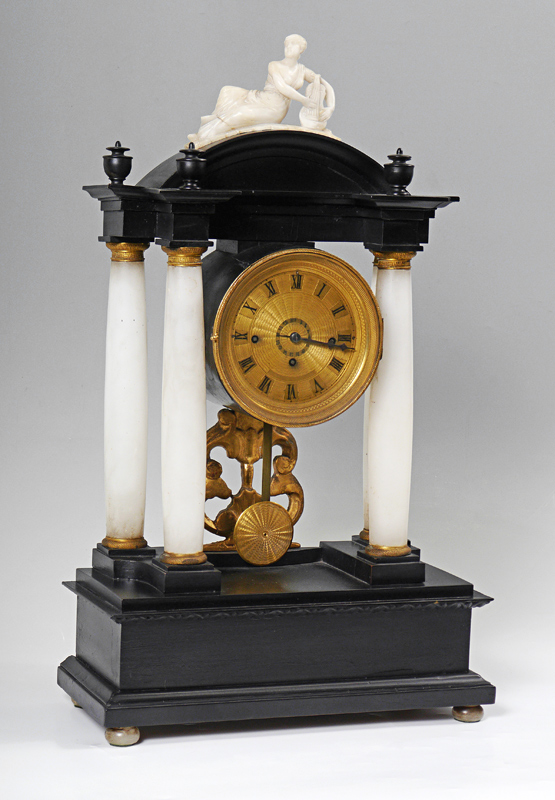 Appraisal: FRENCH ALABASTER AND WOOD PORTICO MANTLE CLOCK Architectural ebonized wood