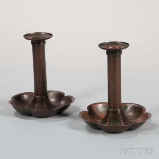 Appraisal: Frederick Gyllenburg Arts and Crafts Candlesticks Hand-hammered copper United States