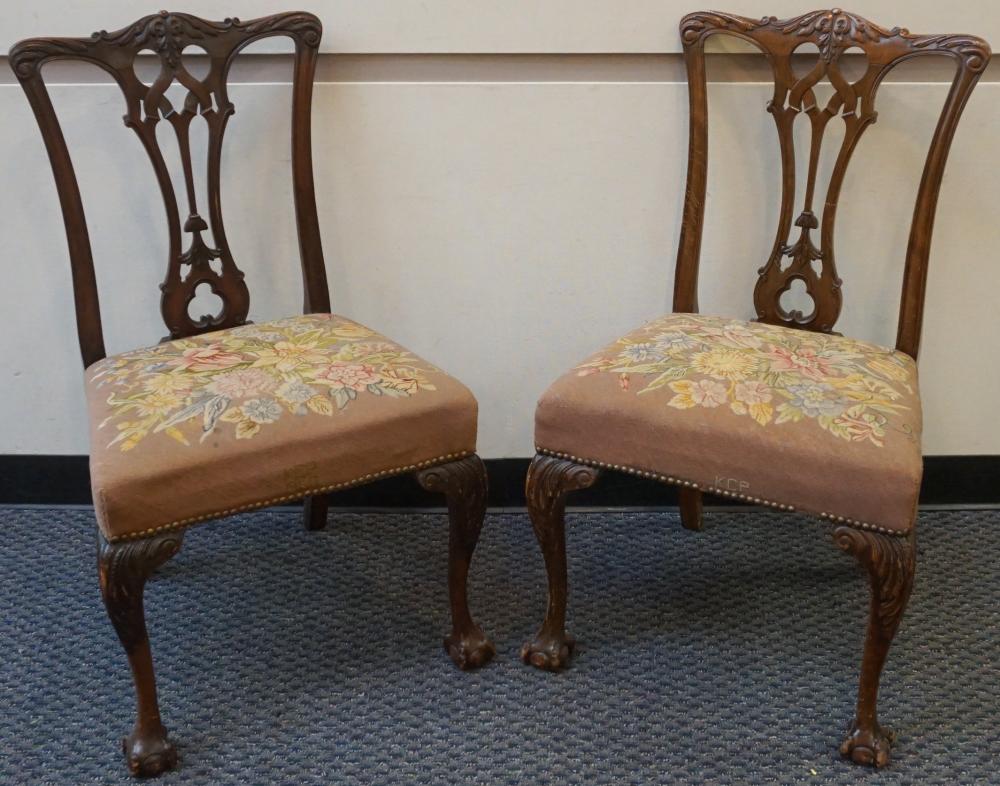 Appraisal: PAIR GEORGE III STYLE MAHOGANY UPHOLSTERED SEAT DINING CHAIRSPair George