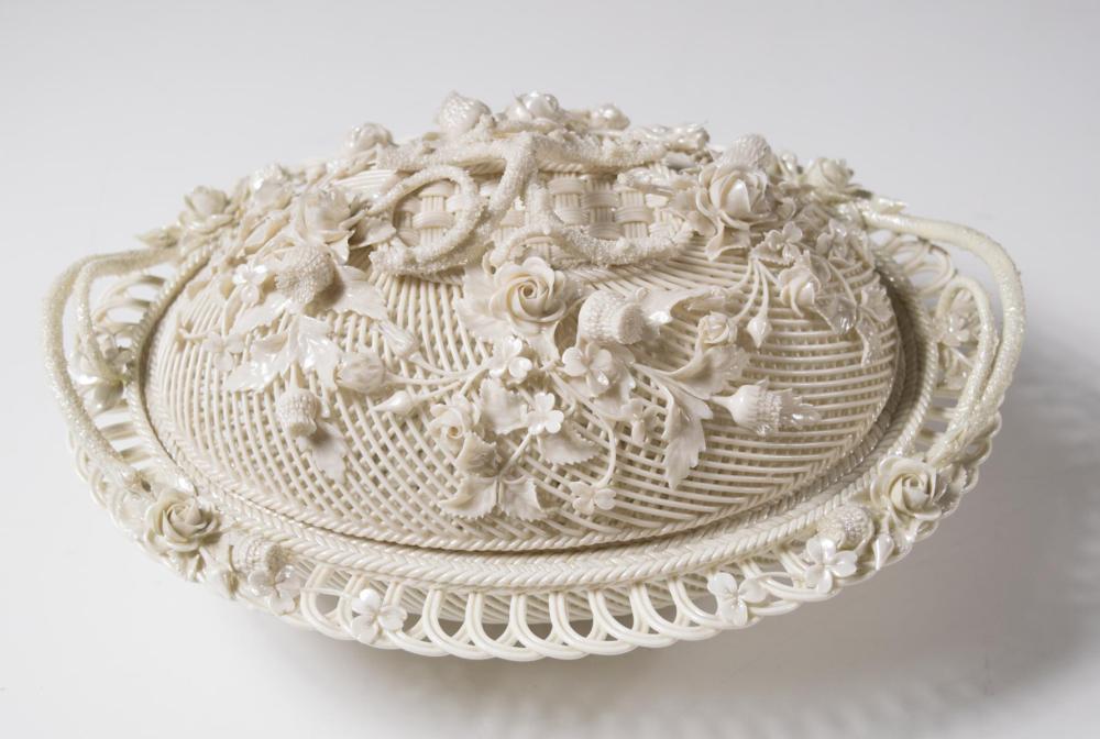 Appraisal: BELLEEK PARIAN PORCELAIN OVAL COVERED BASKET D four-strand with two