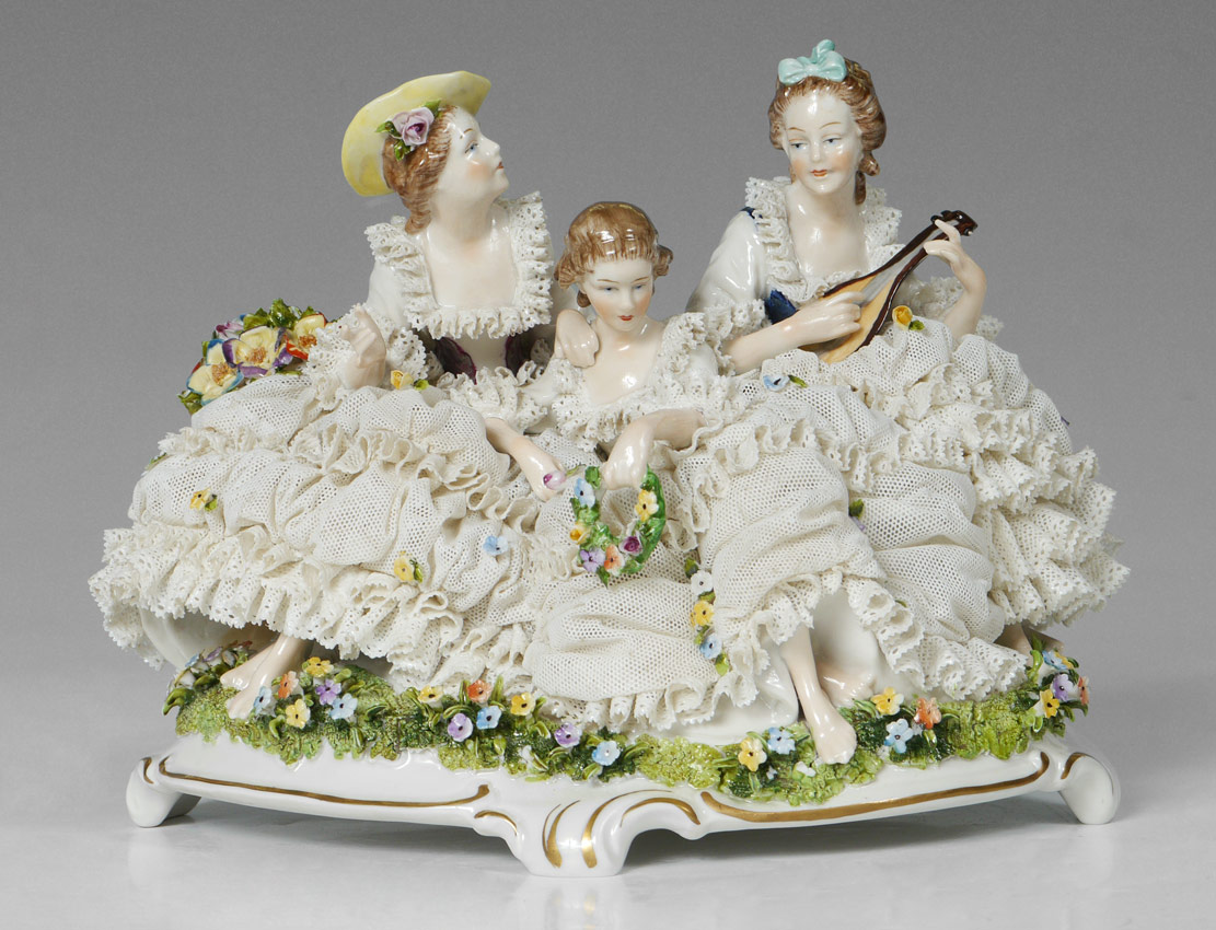 Appraisal: DRESDEN OR VOLKSTEDT LACY FIGURINE GROUP Group of three woman