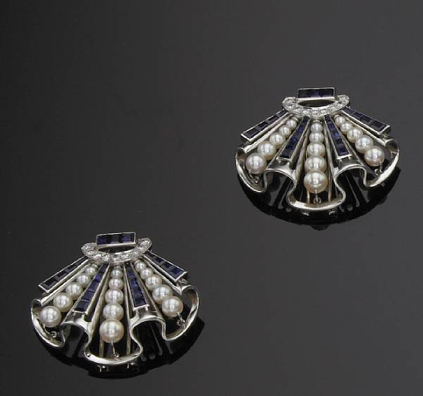 Appraisal: A pair of sapphire cultured pearl diamond and platinum clip