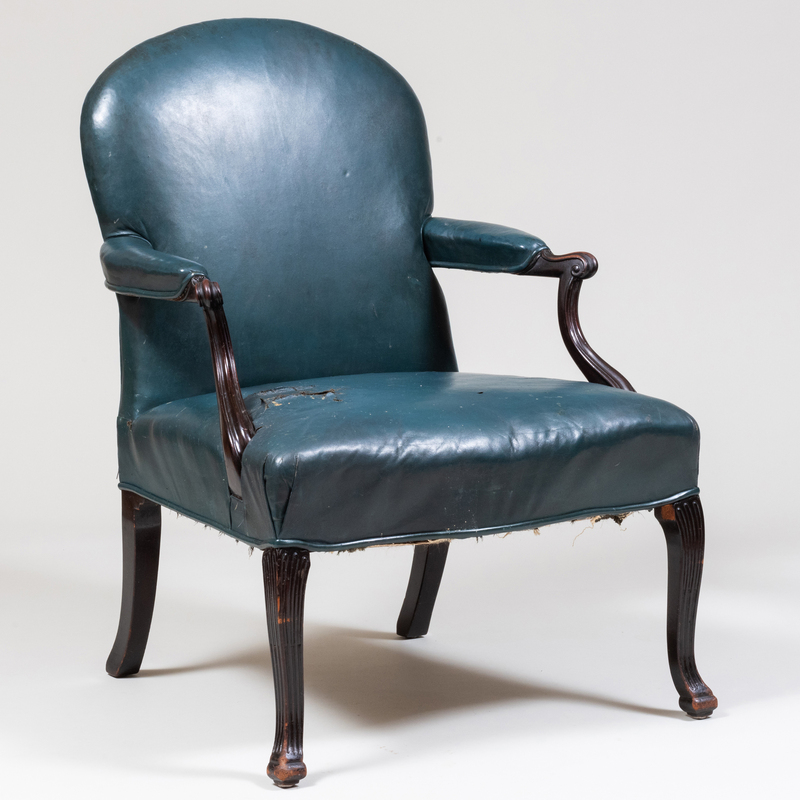 Appraisal: George II Style Mahogany Leather-Upholstered Library Chair Tagged on a