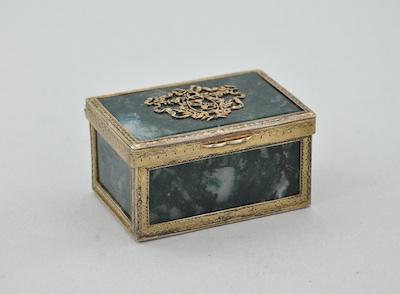 Appraisal: A Moss Agate Tabatiere a Cage With a framework of