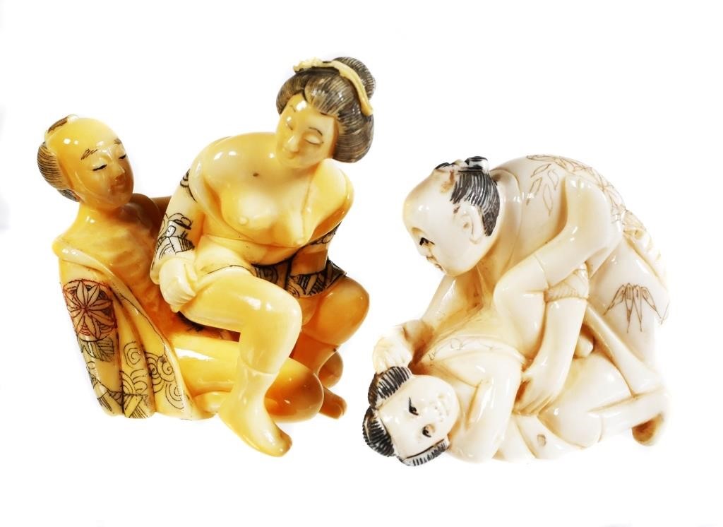 Appraisal: Vintage Japanese carved erotic figures including a netsuke of a