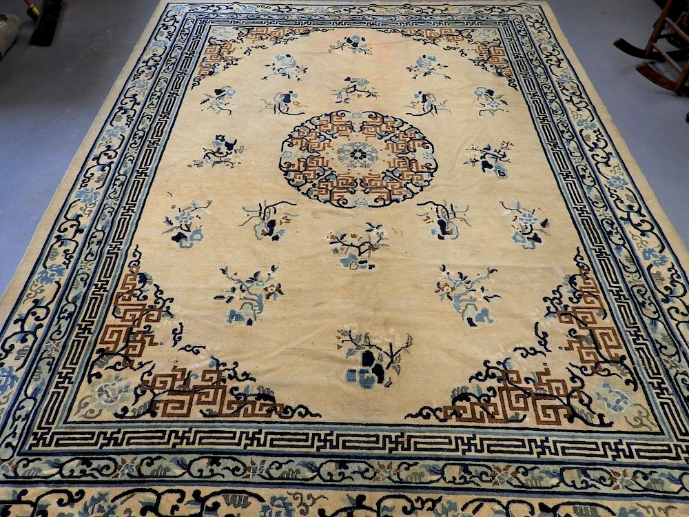 Appraisal: Chinese Art Deco Blue Gold Floral Carpet Rug China Circa