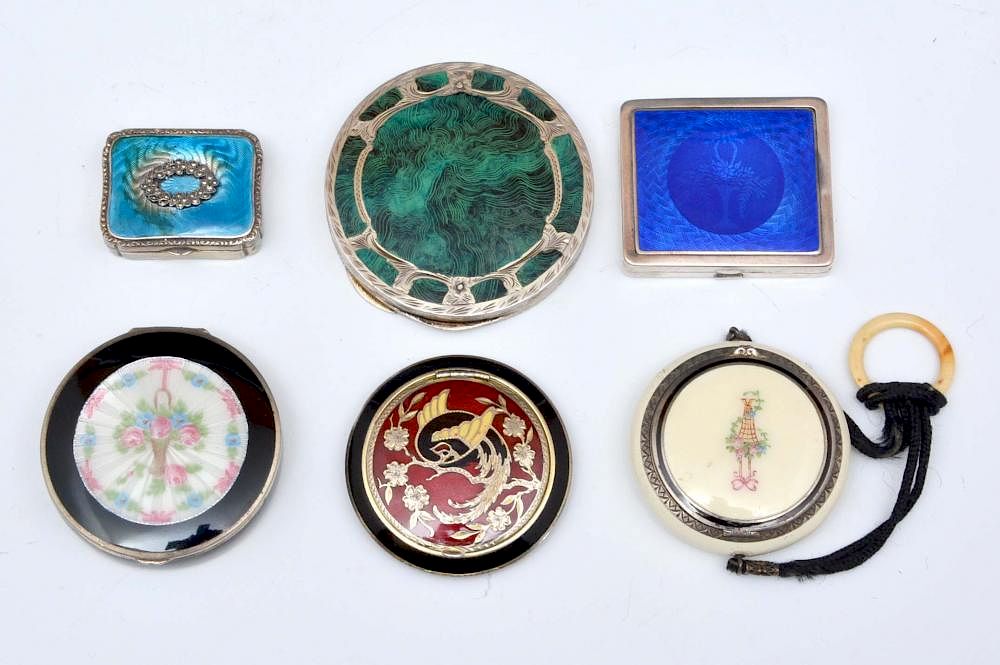 Appraisal: Grouping of six guilloche and enamel compacts Grouping of six