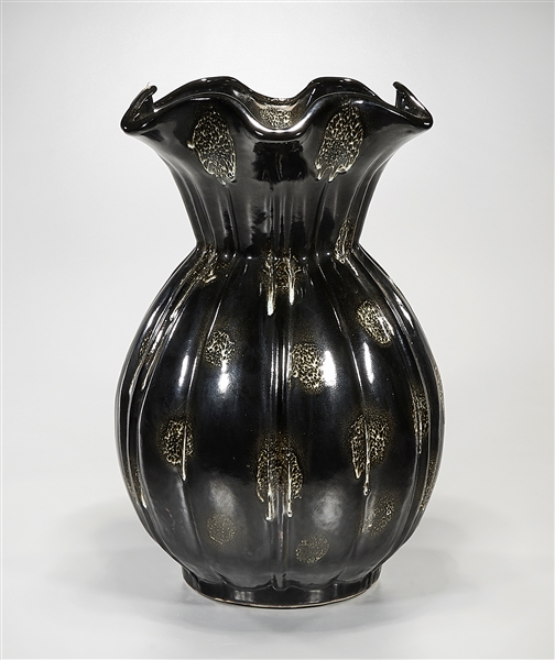 Appraisal: Chinese black glazed porcelain bulbous form vase fluted design with