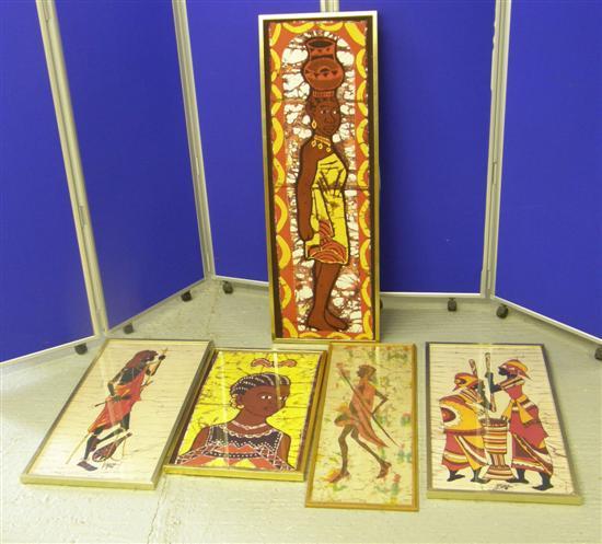 Appraisal: Five African Batik panels depicting figures in various pursuits