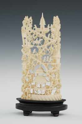 Appraisal: A Carved Ivory Reticulated Panel on a Stand Chinese Half