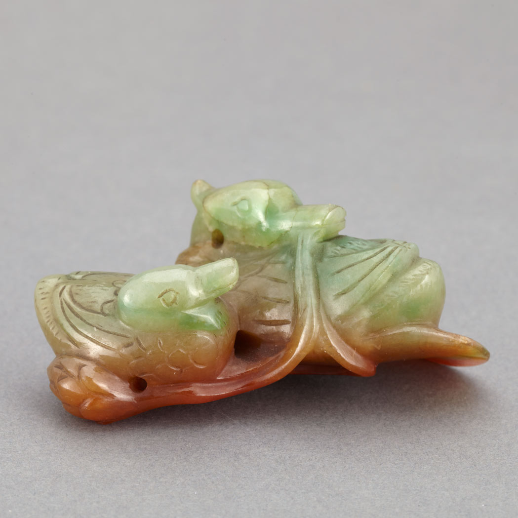 Appraisal: Chinese Red and Green Jade Group of Ducks Late Qing